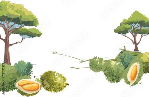 Minimal, friendly depiction of durian against bright sky, ideal for explaining fruit protective structures, ripening cycles, and farmer care routines, motivating students to design posters, share inte