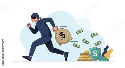 A masked thief runs away with a stolen money bag, dropping cash, while a shielded stack of coins remains, representing crime and security.