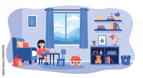 A cheerful little girl sits at a table, happily drawing and coloring in her cozy, brightly lit bedroom filled with toys and books.