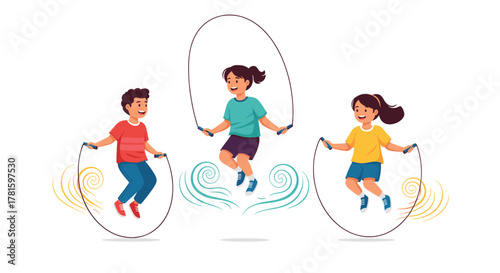 A boy and two girls happily jump rope, engaging in playful exercise and showing childhood joy and fitness.