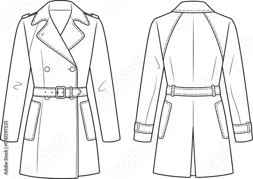Trench coat fashion flat sketch, technical cad drawing, detailed vector illustration of outerwear design, front and back view template