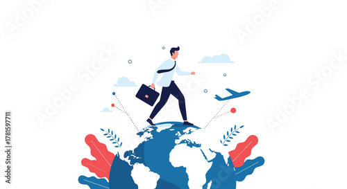 Businessman walking on a stylized globe with an airplane in the background, symbolizing global travel, international business, and connectivity.