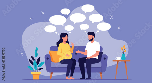 A pregnant woman and her partner sit on a sofa, engaged in a conversation filled with thoughts and preparations for their future baby.