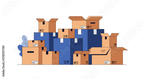 An illustration featuring a large pile of various sized cardboard and blue shipping boxes, signifying moving, delivery, or storage concepts.