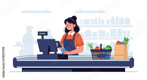 Happy cashier scans a shopping basket and paper bag filled with fresh groceries at a grocery store checkout.
