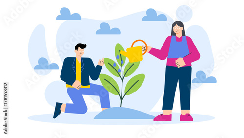 Business People Planting Trees for CSR Flat Vector Illustration