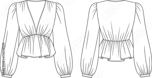 Women blouse flat sketch, long sleeve top technical drawing, peplum shirt fashion design, garment vector illustration, apparel CAD drawing