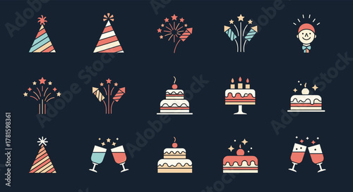 A vibrant collection of festive celebration and party icons featuring party hats, fireworks, birthday cakes, and champagne glasses.