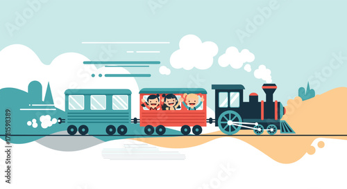 A cheerful steam train carries happy children on an exciting journey through a scenic landscape under a clear sky.