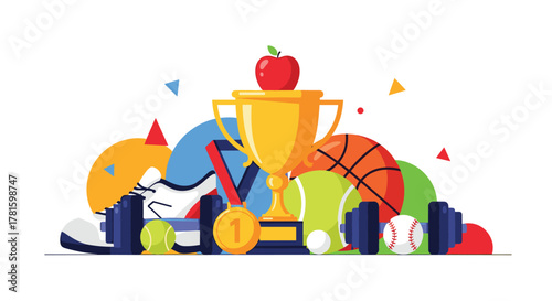 A golden trophy topped with a red apple, a number one medal, and an array of sports equipment depict themes of health, fitness, and achievement.