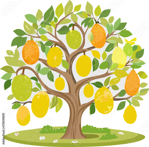 Vector Graphic for Food Packaging: Appealing Image of Ripe Yellow Jackfruit, Ideal for Juices, Snacks, or Canned Goods Marketing Focused on Natural, Exotic, and Organic Ingredients.