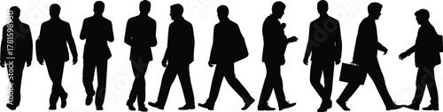Silhouettes of businessmen walking with briefcases, office professionals in motion, teamwork, corporate lifestyle, success concept, reflection vector illustration