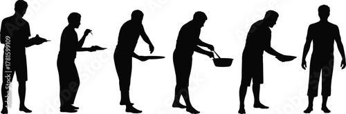 Silhouettes of men cooking and eating, food preparation, kitchen activity, dining, serving meals, culinary art, lifestyle illustration