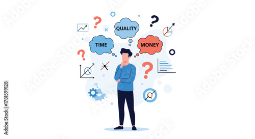 Man pondering the optimal balance of time, quality, and money, representing key factors in project management and business decision-making.