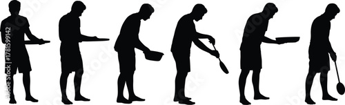 Silhouettes of men cooking and eating, food preparation, kitchen activity, dining, serving meals, culinary art, lifestyle illustration