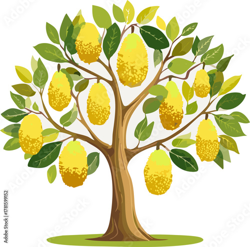 Vibrant Tropical Ecosystem: Artistic Representation of the Jackfruit Tree's Foliage and Fruit, Capturing the Essence of Exotic Asian Flora and Natural Abundance for Environmental Awareness.