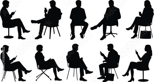 Silhouettes of people sitting and using smartphones, business communication, technology addiction, digital lifestyle, mobile device use illustration