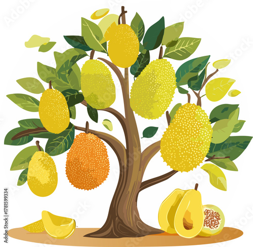 Educational Vector Illustration of a Tropical Jackfruit Tree (Artocarpus Heterophyllus) Bearing Ripe and Unripe Fruits, Ideal for Botanical Studies and Food Education Materials.