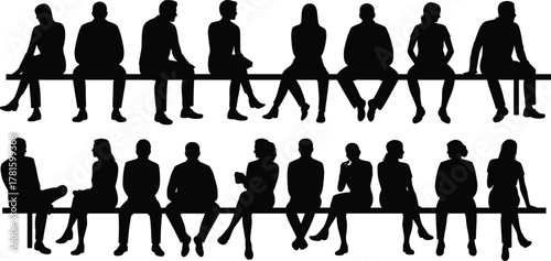 Silhouettes of people sitting on a bench, communication and teamwork concept, diverse group discussion, community connection and collaboration illustration