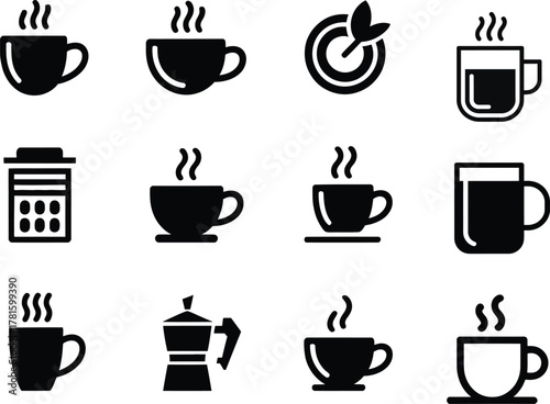 Diverse coffee icons display different cups and brewing styles for cafe and graphic projects design use.
