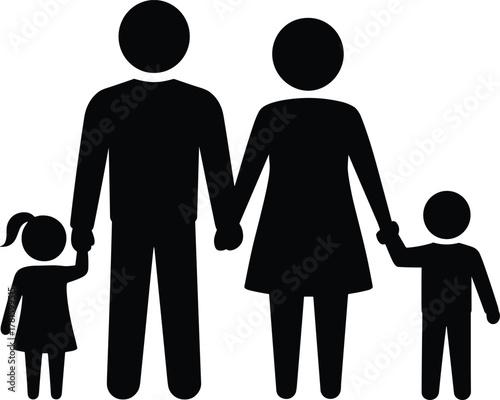 Simple black and white family silhouette illustration of parents holding hands with two children, minimal flat vector design