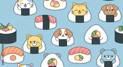 Adorable kawaii cats dogs and bears as Japanese sushi food.