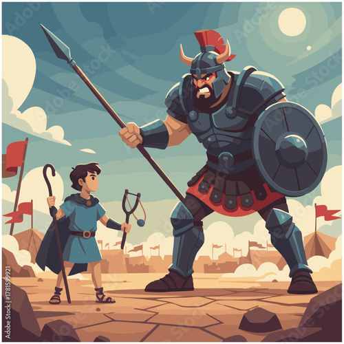 David and Goliath

Flat vector art of young David facing giant Goliath on a battlefield, bible story