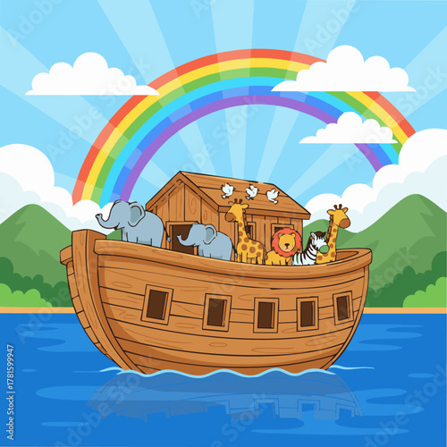 Noah’s Ark and the Rainbow

Flat vector of a large wooden ark floating on calm water after the storm,bible story