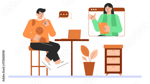 Hybrid Workplace with Office and Remote Team Flat Vector Illustration