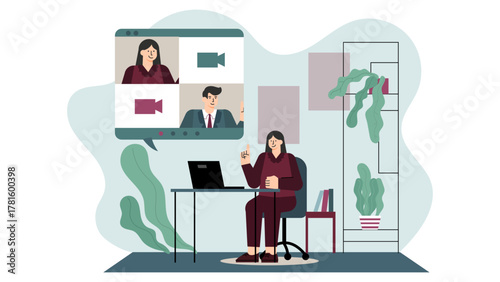 Hybrid Workplace with Office and Remote Team Flat Vector Illustration