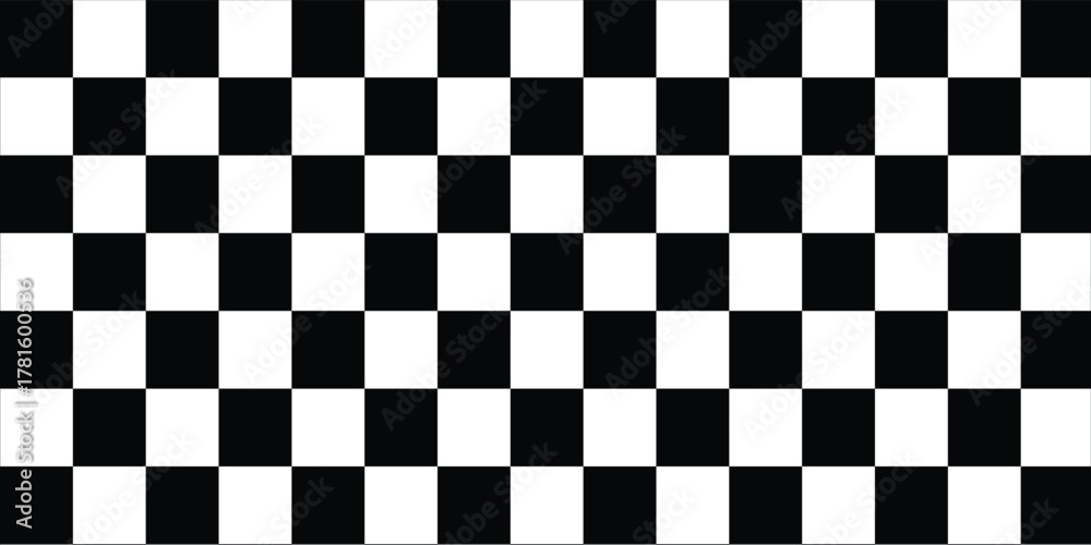 Fototapeta premium Distorted vector checkered seamless pattern. Groovy twisted grid. Psychedelic dynamic banner background. Retro 70s trippy hippie wavy aesthetic chess backdrop in black and white racing flag colors .