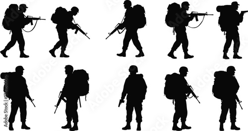 Soldier silhouette set, rifle, backpack, tactical poses, military action, combat stance, black icons, army figures, flat vector illustration