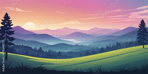 Sunset view over layered mountain hills with glowing sky, pine trees, and soft green meadow in calm evening light.