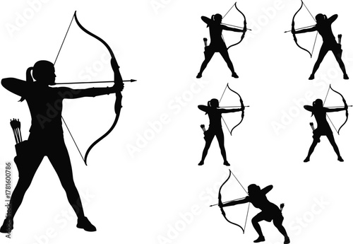 Archer silhouette set, bow and arrow poses, dynamic stances, combat sport icons, black shapes, flat vector illustration