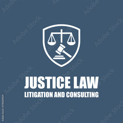 Justice Law Litigation and Consulting Logo with a Shield, Scales of Justice, and Gavel Icon, Symbolizing Legal Authority, Equality, Court Services, and Professional Attorney or Law Firm Branding