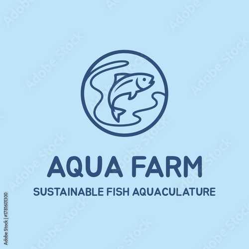 Minimalist Logo Design of Aqua Farm Blue Fish in a Circle for Sustainable Fish Aquaculture and Aquatic Farming Business or Company Branding Identity Concept Vector Illustration Line Art Style.