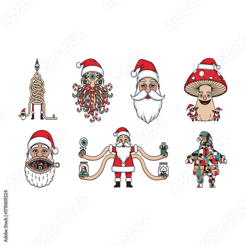Bizarre Abstract Santa Claus Characters Collection: Six Surreal and Psychedelic Christmas Illustrations with Mutant Features, Mushroom Heads, and Tentacles in a Trippy Comic Art Style.
