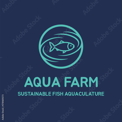 Minimalist Logo Design of Aqua Farm Light Blue Fish in a Swirling Circle for Sustainable Fish Aquaculture and Aquatic Farming Business or Company Branding Identity Concept