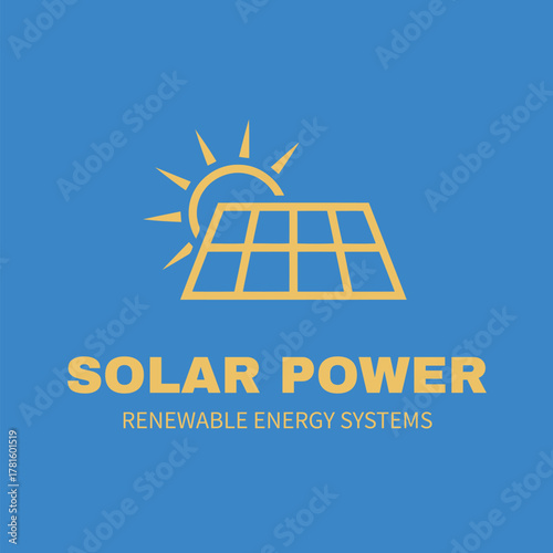 Modern Logo Design of Solar Power Yellow Sun and Solar Panel for Renewable Energy Systems and Green Technology Business or Company Branding Identity Concept Vector Illustration on Blue Background.