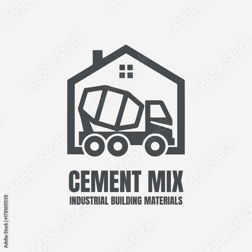 Monochromatic Logo Design of Cement Mix Concrete Mixer Truck in a House Outline for Industrial Building Materials Supply Business or Company Branding Identity Concept