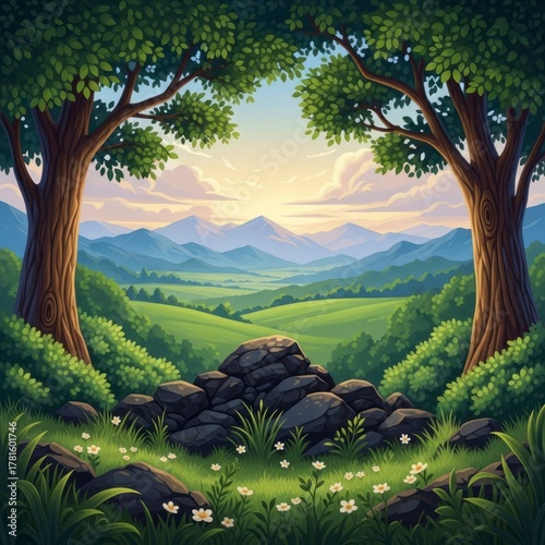 Enchanting Landscape Painting with Trees, Mountains, and Flowers.