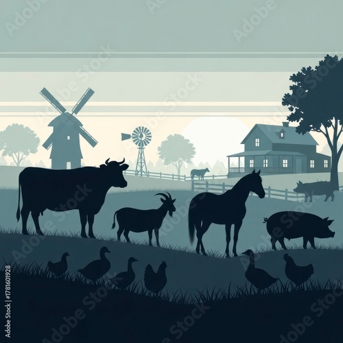 Farm Animals Silhouette Landscape with Windmills and Farmhouse.
