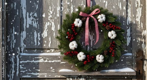 Rustic Christmas Wreath with Cotton and Berries on Weathered Door in Snowfall.