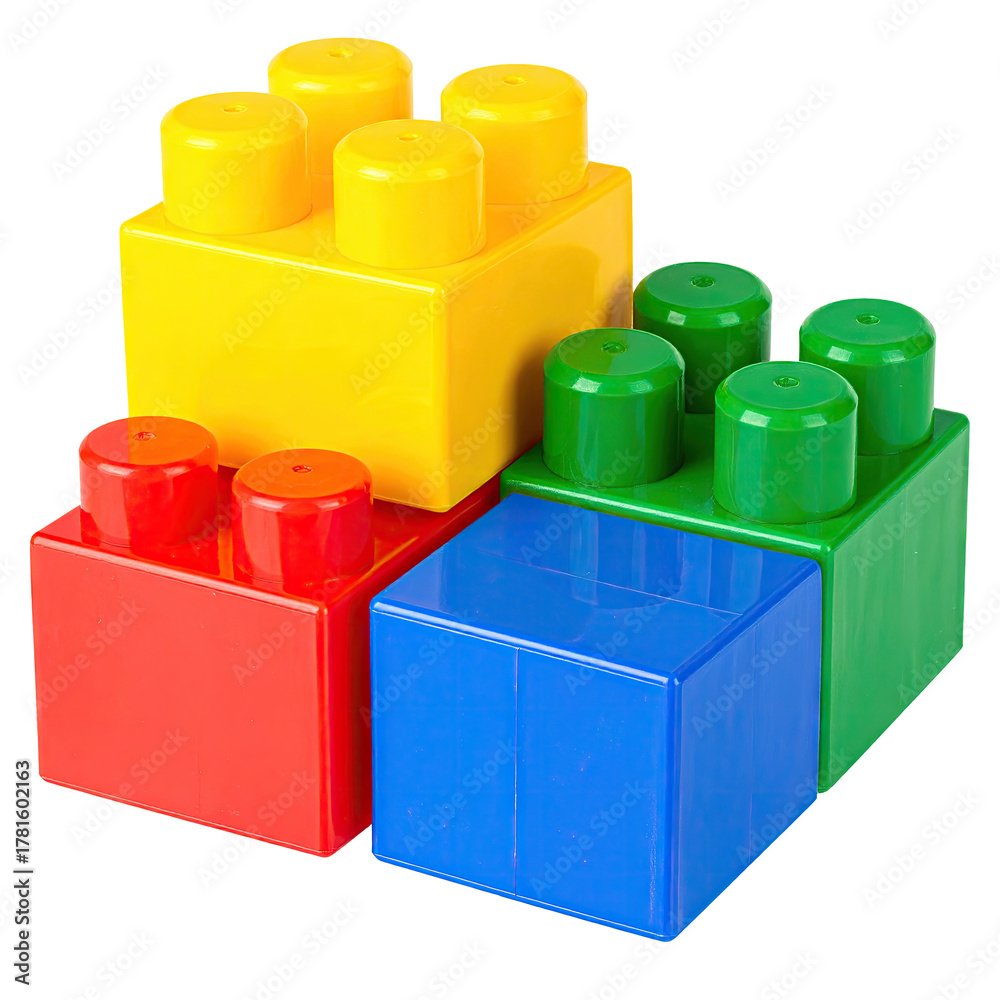 Fototapeta premium Stacked blocks red, blue, green, yellow. Playful design