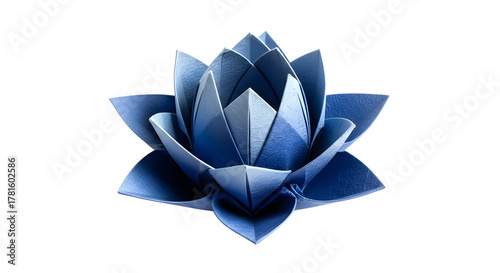 Origami blue lotus flower paper craft on white background