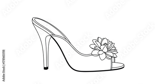 Elegant line art illustration of a high-heeled mule sandal with a decorative floral embellishment on the front strap.