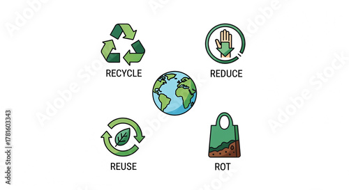 4 R's of Waste Management: Recycle, Reduce, Reuse, Rot Icons with Earth Globe for Sustainability