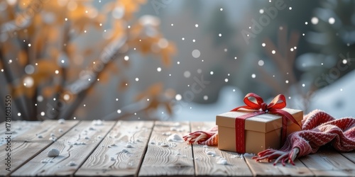 Gift box on snowy wooden table with a wintery background and falling snowflakes.