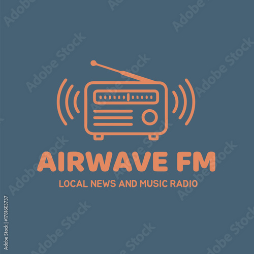 Retro Logo Design of Airwave FM Outline Radio Receiver for Local News and Music Radio Station Broadcasting Business or Company Branding Identity Concept Vector Illustration Minimalist Line Art Style.