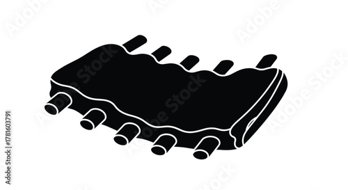 A stylized black silhouette of a rack of cooked or raw ribs with exposed bones, viewed from an isometric perspective, on a white background.